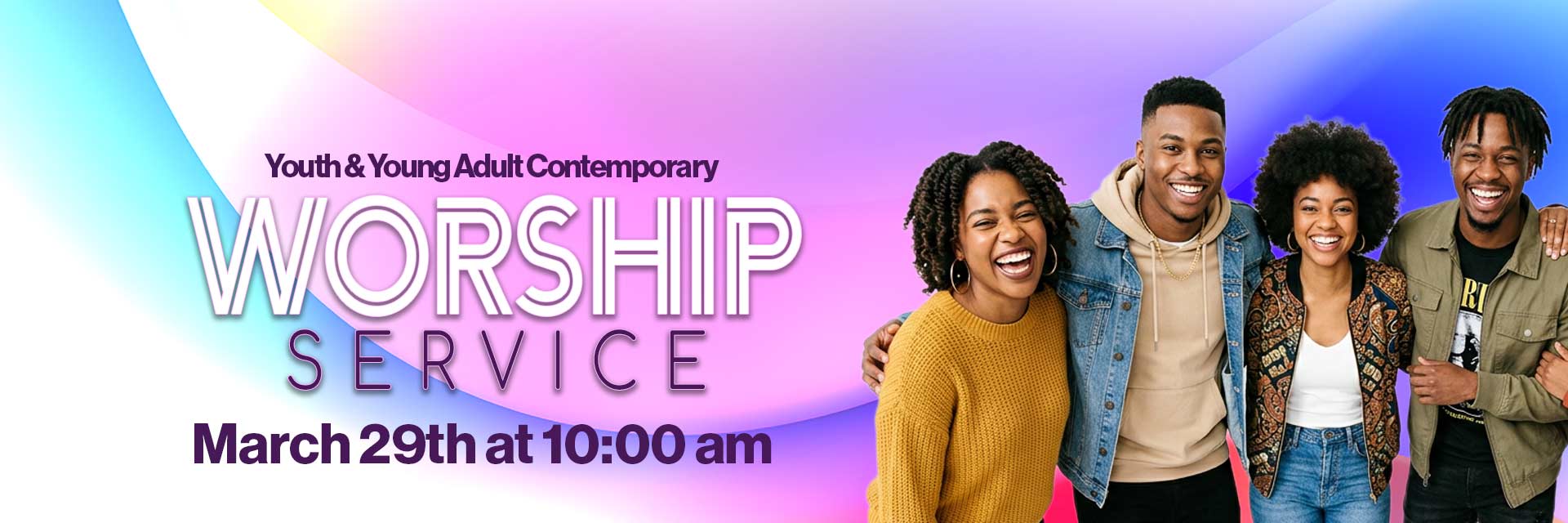 a colorful banner with young adults to advertise the Young Adult Worship Service